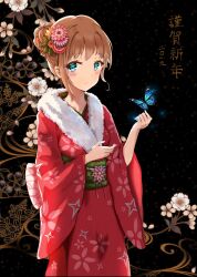 Rule 34 | 1girl, black background, black flower, blue butterfly, blue eyes, bug, butterfly, floral background, flower, hair bun, hair flower, hair ornament, highres, insect, japanese clothes, kimono, light brown hair, original, pink flower, red flower, red kimono, solo, standing, sylnice, white flower, yellow flower