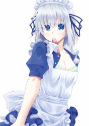Rule 34 | 10s, 1girl, apron, blue eyes, blush, breasts, cleavage, collarbone, date a live, hujikok, maid, maid apron, maid headdress, puffy sleeves, short hair, short sleeves, silver hair, solo, tobiichi origami