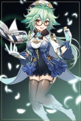 Rule 34 | 1girl, :d, anemo (genshin impact), black-framed eyewear, blue dress, book, boots, brown thighhighs, colored eyelashes, dress, floating, floating object, garter straps, genshin impact, glasses, gloves, green hair, grimoire, haruyuki 14, hat, highres, holding, knee boots, long hair, long sleeves, looking at viewer, low ponytail, multicolored hair, open mouth, orange eyes, semi-rimless eyewear, shrug (clothing), smile, solo, streaked hair, sucrose (genshin impact), thighhighs, under-rim eyewear, vision (genshin impact), white gloves, white hat
