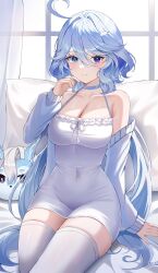Rule 34 | 1girl, ahoge, alternate breast size, alternate costume, bare shoulders, blue eyes, blue hair, breasts, casual, cleavage, closed mouth, covered navel, dress, drop-shaped pupils, furina (genshin impact), genshin impact, hair between eyes, highres, ien (to yen), indoors, long hair, long sleeves, looking at viewer, medium breasts, off shoulder, pillow, sitting, sleeveless, sleeveless dress, smile, solo, symbol-shaped pupils, thighhighs, white thighhighs