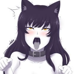 Rule 34 | 1girl, ahegao, animal ears, black hair, blake belladonna, blush, collar, collarbone, cslucaris, eyebrows, eyelashes, leash, long hair, naughty face, open mouth, rolling eyes, rwby, saliva, sidelocks, simple background, solo, spot color, sweat, sweatdrop, tears, teeth, tongue, tongue out, trembling, white background, yellow eyes