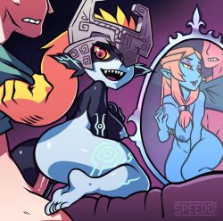 Rule 34 | 1boy, 1girl, animated, animated gif, artist name, ass, blue skin, body markings, bottomless, bouncing breasts, breasts, clothed male nude female, colored sclera, colored skin, dual persona, eyeshadow, fangs, grabbing own breast, hetero, huge ass, makeup, mask, midna, midna (true), mirror, nintendo, nipple stimulation, nipple tweak, nipples, nude, one eye covered, open mouth, orange hair, penis, pointy ears, red eyes, reflection, sex, sharp teeth, shirt grab, shortstack, smile, speedoru, teeth, the legend of zelda, the legend of zelda: twilight princess, unaligned breasts, uncensored, yellow sclera