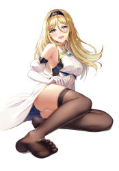 Rule 34 | 1girl, :d, absurdres, ass, black hairband, blonde hair, blush, breasts, brooch, brown thighhighs, elbow gloves, feet, full body, gloves, hairband, heart, heart-shaped pupils, highres, jewelry, kibiko (cheeks), long hair, looking at viewer, medium breasts, open mouth, panties, pixiv fantasia, pixiv fantasia last saga, sitting, skindentation, smile, soles, solo, symbol-shaped pupils, thighhighs, toes, underwear, white background, white panties