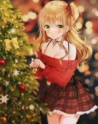 Rule 34 | 1girl, :o, aran sweater, bad id, bad twitter id, bare shoulders, blonde hair, blurry, blurry background, blush, bow, breasts, cable knit, christmas, christmas tree, commentary, cowboy shot, green eyes, green ribbon, hair bow, highres, holding, lace, lace-trimmed skirt, lace trim, long hair, looking at viewer, medium breasts, necktie, no nose, off shoulder, one side up, original, ornament, parted lips, plaid, plaid skirt, red bow, ribbon, skirt, solo, spaghetti strap, sweater, symbol-only commentary, weri