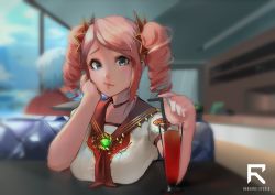 Rule 34 | 2girls, absurdres, artist name, blue eyes, breasts, counter-strike, counter-strike (series), counter-strike online, cup, drill hair, drinking straw, hair behind ear, hand on own face, highres, ishmael (counter-strike online), looking at viewer, medium breasts, multiple girls, pink hair, pov dating, reborns, rose phoenix, sailor collar, smile, solo focus, twin drills