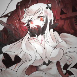 Rule 34 | 10s, 1girl, abyssal ship, breasts, cleavage, covered mouth, horns, itomugi-kun, kantai collection, large breasts, long hair, looking at viewer, machinery, midway princess, monster, pale skin, red eyes, solo, turret, veins, white hair