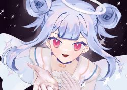 Rule 34 | 3di project, alidey, angel, black background, blue hair, blunt bangs, collar, double bun, hair bun, halo, highres, light blue hair, looking at viewer, open mouth, red eyes, short eyebrows, sparkle, teeth, thien (sky) (3di), upper teeth only, virtual youtuber, wings