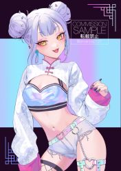 Rule 34 | 1girl, :p, anoa, belt, belt buckle, black nails, breasts, buckle, commission, cutoffs, double bun, fishnet thighhighs, fishnets, grey hair, hair bun, hand up, highres, long sleeves, micro shorts, nail art, nail polish, navel, original, piercing, puffy long sleeves, puffy sleeves, short eyebrows, shorts, shrug (clothing), sidelocks, single thighhigh, skeb commission, sleeves past wrists, small breasts, solo, spikes, thick eyebrows, thighhighs, tongue, tongue out, tongue piercing, twitter username, white shorts, yellow eyes