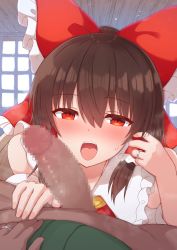 Rule 34 | 1boy, 1girl, blush, bow, brown hair, censored, erection, hair between eyes, hair bow, hair tubes, hakurei reimu, hetero, highres, imminent fellatio, jewelry, large penis, looking at viewer, mosaic censoring, open mouth, penis, red bow, red eyes, ring, tksand, touhou