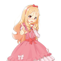 Rule 34 | 10s, 1girl, bad id, bad pixiv id, blonde hair, blush, bow, brown eyes, coffeiz p, dress, drill hair, eromanga sensei, fang, frills, hair bow, hairband, highres, index finger raised, koi dance, lolita fashion, long hair, looking at viewer, nose blush, open mouth, pink dress, pointy ears, red bow, solo, twin drills, yamada elf