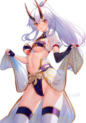 Rule 34 | 1girl, bikini, blue bikini, blue gloves, breasts, commentary request, fate/grand order, fate (series), fingerless gloves, front-tie bikini top, front-tie top, gloves, gluteal fold, groin, hair between eyes, high ponytail, holding, horns, large breasts, long hair, looking at viewer, low-tied long hair, mitsudomoe (shape), navel, oni, oni horns, parted lips, ponytail, puffy short sleeves, puffy sleeves, red eyes, ririko (zhuoyandesailaer), see-through, see-through sleeves, short sleeves, silver hair, simple background, skindentation, solo, swimsuit, thighhighs, tomoe (symbol), tomoe gozen (fate), tomoe gozen (swimsuit saber) (fate), tomoe gozen (swimsuit saber) (third ascension) (fate), v-shaped eyebrows, very long hair, white background, white thighhighs