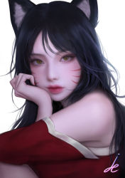 Rule 34 | 1girl, absurdres, ahri (league of legends), animal ears, black hair, detached sleeves, facial mark, fox ears, fox girl, highres, korean clothes, league of legends, lips, long hair, looking at viewer, pinker, simple background, slit pupils, solo, whisker markings, white background