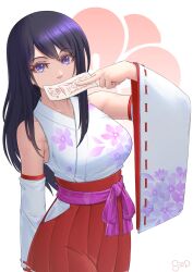 Rule 34 | 1girl, bare shoulders, between fingers, black hair, blue eyes, breasts, commentary request, cowboy shot, detached sleeves, floral print, hakama, hakama skirt, highres, holding, japanese clothes, kimono, large breasts, long hair, long sleeves, looking at viewer, ofuda, ofuda between fingers, original, pleated skirt, red skirt, simple background, skirt, sleeveless, sleeveless kimono, solo, standing, sthreep, white background
