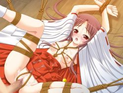 Rule 34 | 1girl, arms up, bdsm, blush, bondage, bound, bound legs, bound wrists, breasts, brown hair, censored, cum, cum on body, cum on clothes, cum on head, enomoto hiroaki, facial, floor, game cg, hetero, indoors, japanese clothes, karen soft, kimono, long hair, lying, miko shibari 2, minazuki kanna, missionary, mosaic censoring, nipples, on back, on floor, open mouth, penis, pussy, red eyes, red hair, rope, sex, shibari, solo focus, spread legs, vaginal, wrists tied together