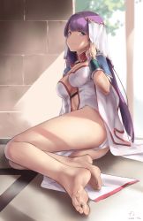 Rule 34 | 1girl, ass, barefoot, blue eyes, blunt bangs, breasts, capelet, center opening, circlet, cleavage, closed mouth, den (kur0 yuki), fate/grand order, fate (series), feet, female focus, foot focus, foreshortening, hair ribbon, highres, large breasts, legs, long hair, looking at viewer, martha (fate), pelvic curtain, purple hair, ribbon, soles, solo, thighhighs, thighs, toes, veil, white capelet