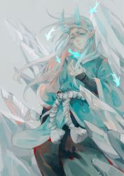 Rule 34 | 1boy, absurdres, aqua eyes, aqua horns, black pants, feet out of frame, grey background, hand up, highres, horns, ice, ice crystal, long hair, looking at viewer, luo xiaohei zhanji, pants, pointy ears, rope, solo, white hair, xuhuai (the legend of luoxiaohei), zhi29374