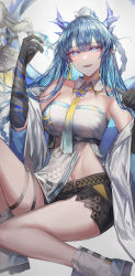 Rule 34 | 1girl, absurdres, akqne, arknights, arm tattoo, black shorts, black skin, blue eyes, blue hair, breasts, coin, collar, colored skin, cup, detached collar, dragon horns, earrings, hair between eyes, hands up, highres, holding, holding cup, holed coin, horns, jewelry, knee up, large breasts, ling (arknights), long hair, looking at viewer, necktie, parted lips, pointy ears, ponytail, shirt, short shorts, shorts, sitting, solo, strapless, strapless shirt, tassel, tassel earrings, tattoo, teeth, upper teeth only, very long hair, white background, white collar, yellow necktie