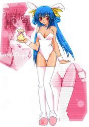 Rule 34 | 1girl, animal ears, arc system works, blue hair, blush, bow, breasts, character name, cleavage, dizzy (guilty gear), english text, fake animal ears, female focus, full body, guilty gear, hair ribbon, holding, knees together feet apart, large breasts, leotard, long hair, looking at viewer, no wings, parted lips, pink bow, pink ribbon, playboy bunny, pouch, rabbit ears, red eyes, ribbon, shoes, solo, thigh gap, thighhighs, white thighhighs, yellow ribbon, zoom layer