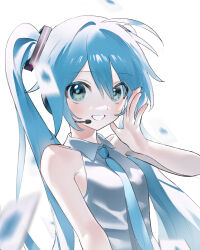 Rule 34 | 1girl, ahoge, aqua necktie, armpit crease, bare shoulders, blue eyes, blue hair, blue nails, blurry, blurry foreground, blush, card, collarbone, collared shirt, fingernails, hair between eyes, hand up, hashtag-only commentary, hatsune miku, headset, long fingernails, long hair, looking at viewer, necktie, playing card, shirt, sil435, sleeveless, sleeveless shirt, solo, twintails, upper body, vocaloid, white background, white shirt