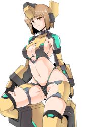 Rule 34 | 1girl, absurdres, blush, breasts, brown eyes, brown hair, cleavage, cleavage cutout, clothing cutout, cosmic break, halcon, headgear, highres, large breasts, navel, rei (cosmic break), short hair, simple background, skindentation, smile, solo, white background