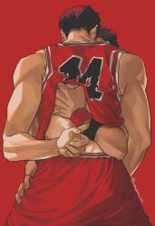 Rule 34 | 2boys, adjusting wristband, back, bara, basketball uniform, black wristband, clothes lift, feet out of frame, finger under clothes, from behind, hand on another&#039;s thigh, hand under clothes, highres, killuaz1130, lifting another&#039;s clothes, male focus, mitsui hisashi, miyagi ryouta, multiple boys, multiple wristbands, red wristband, shirt, shirt lift, short hair, slam dunk (series), sleeveless, sleeveless shirt, sportswear, toned, toned male, undressing another, yaoi