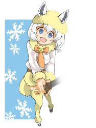Rule 34 | 10s, 1girl, alpaca ears, alpaca huacaya (kemono friends), alpaca tail, animal ears, belt, blue eyes, breast pocket, commentary request, disembodied hand, fluffy, fur collar, fur trim, hat, highres, holding hands, kemono friends, neck bell, neckerchief, open mouth, pocket, short hair, shorts, snowflakes, sunagawa383, tail, thighhighs, white hair