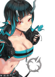 Rule 34 | 1girl, nanashi inc., alternate breast size, belt, belt bra, black gloves, black hair, black jacket, blue belt, blue hair, blush, breasts, chest belt, closed mouth, clothing cutout, commentary request, cropped jacket, demon girl, demon horns, demon tail, fang, gloves, horns, jacket, large breasts, long hair, long sleeves, looking at viewer, midriff, multicolored hair, navel, open clothes, open jacket, partially fingerless gloves, pointy ears, red eyes, sankyo (821-scoville), shishio chris, shoulder cutout, simple background, smile, solo, sugar lyric, tail, two-tone hair, upper body, virtual youtuber, white background, zipper