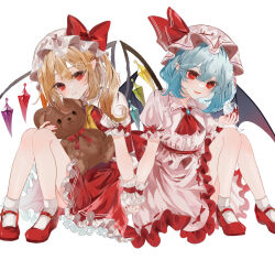 Rule 34 | 2girls, absurdres, ascot, bat wings, blonde hair, blue hair, bow, crystal, dress, flandre scarlet, frills, hat, hat ribbon, highres, holding, holding hands, holding toy, laevatein (touhou), looking at viewer, mob cap, multicolored wings, multiple girls, one side up, open mouth, pink headwear, puffy short sleeves, puffy sleeves, red ascot, red eyes, red footwear, red skirt, red vest, remilia scarlet, ribbon, shirt, short hair, short sleeves, siblings, side ponytail, simple background, sisters, sitting, skirt, skirt set, smile, stuffed animal, stuffed toy, teddy bear, touhou, toy, uzmee, vest, white background, white headwear, wings, wrist cuffs, yellow ascot