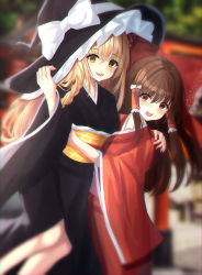 Rule 34 | 2girls, 7saki, absurdres, alternate costume, alternate hairstyle, arm around back, arm up, bad id, bad pixiv id, black headwear, black kimono, blonde hair, blurry, blurry background, blurry foreground, braid, brown hair, commentary request, day, dutch angle, feet out of frame, hair between eyes, hair ribbon, hair tubes, hakurei reimu, hand on another&#039;s shoulder, hand on another&#039;s waist, hand on headwear, hat, hat ribbon, highres, japanese clothes, kimono, kirisame marisa, leaning back, long hair, long sleeves, looking at viewer, multiple girls, obi, open mouth, outdoors, partial commentary, red eyes, red kimono, ribbon, sash, sidelocks, single braid, teeth, torii, touhou, upper teeth only, very long hair, wide sleeves, witch hat, yellow eyes