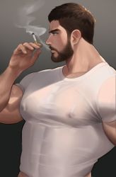 Rule 34 | 1boy, bara, beard, black hair, chris redfield, cigarette, covered erect nipples, facial hair, gr goden, gradient background, highres, holding, holding cigarette, large pectorals, male focus, midriff peek, muscular, muscular male, pectorals, resident evil, resident evil village, shirt, short hair, simple background, smoking, solo, upper body, white shirt