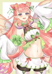 Rule 34 | alternate costume, breasts, butterfly wings, commission, fire emblem, fire emblem heroes, highres, insect wings, long hair, long sleeves, looking at viewer, medium breasts, midriff, mirabilis (fire emblem), navel, nintendo, open mouth, osiri siri siri, pink hair, pointy ears, skeb commission, upper body, wings
