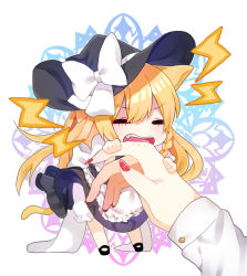 Rule 34 | 1girl, animal ears, apron, bite mark, blonde hair, bloomers, bow, braid, cat ears, cat tail, chibi, closed eyes, commentary request, fang, hat, hat bow, kemonomimi mode, kirisame marisa, long hair, nail polish, open mouth, puffy sleeves, renka (sutegoma25), ribbon, shirt, short sleeves, side braid, single braid, skirt, skirt set, solo focus, standing, tail, touhou, underwear, vest, waist apron, witch hat