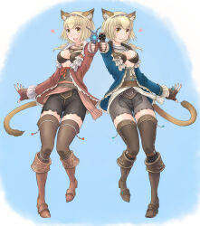 Rule 34 | 2girls, :3, :d, animal ear fluff, animal ears, adventurer (ff11), black shorts, blonde hair, blue hairband, blue jacket, boots, bra, breasts, brown bra, brown footwear, brown gloves, brown tail, brown thighhighs, cactus41747280, cat ears, cat girl, cat tail, cleavage, closed mouth, corsair (final fantasy), final fantasy, final fantasy xi, frilled jacket, frills, gloves, gun, hairband, heart, highres, holding, holding gun, holding weapon, jacket, knee boots, long sleeves, medium breasts, multicolored hairband, multiple girls, open clothes, open jacket, open mouth, orange eyes, red gloves, red hairband, red jacket, red ribbon, ribbon, shorts, smile, tail, thighhighs, underwear, weapon, white hairband, white ribbon, zettai ryouiki