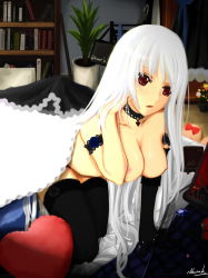 Rule 34 | 1girl, albino, all fours, breasts, choker, elbow gloves, gloves, illusionk, large breasts, long hair, nipples, original, red eyes, solo, thighhighs, topless, white hair
