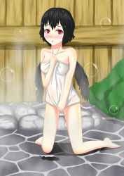 Rule 34 | 1girl, :o, absurdres, bad id, bad pixiv id, bare arms, bare legs, bare shoulders, barefoot, black hair, black wings, blush, breasts, bubble, bush, collarbone, du mogu, feathers, feet, female focus, highres, kneeling, legs, looking at viewer, naked towel, neck, open mouth, red eyes, rock, shameimaru aya, shiny skin, shy, solo, touhou, towel, towel pull, water drop, wet, wet hair, wings