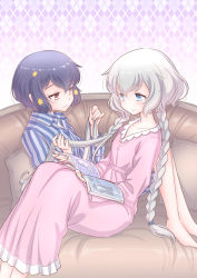 Rule 34 | 2girls, barefoot, black hair, blue eyes, braid, braiding hair, commentary request, couch, dress, hairdressing, highres, konno junko, leaning back, long hair, low twintails, magazine (object), mizuno ai, multiple girls, nightgown, pajamas, pillow, pink dress, reading, red eyes, short hair, silver hair, sitting, sleepwear, smile, striped clothes, striped pajamas, studiozombie, twin braids, twintails, very long hair, zombie land saga