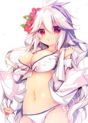 Rule 34 | 10s, 1girl, :o, ahoge, bikini, breasts, cleavage, dark-skinned female, dark skin, dress shirt, eyebrows, flower, granblue fantasy, hair between eyes, hair flower, hair ornament, hand up, hibiscus, large breasts, long hair, looking at viewer, nanamomo rio, navel, open clothes, open mouth, red eyes, red flower, shirt, simple background, solo, swimsuit, white background, white bikini, white hair, white shirt, zooey (granblue fantasy)