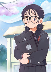 Rule 34 | 1girl, aragon honnin, bad id, bad tumblr id, bag, black-framed eyewear, black bag, black sailor collar, black serafuku, black shirt, black skirt, blue sky, blush, braid, building, cherry blossoms, cloud, cloudy sky, cowboy shot, day, freckles, glasses, halftone, highres, holding, holding bag, long sleeves, original, outdoors, petals, purple eyes, red neckwear, sailor collar, school uniform, serafuku, shirt, skirt, sky, smile, solo, thick eyebrows, tree, twin braids, twintails