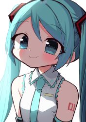 Rule 34 | 1girl, aqua eyes, aqua hair, aqua necktie, bare shoulders, black sleeves, blush, commentary, detached sleeves, hair ornament, hatsune miku, highres, kasaki sakura, long hair, looking at viewer, necktie, shirt, shoulder tattoo, sidelighting, simple background, sleeveless, sleeveless shirt, smile, solo, symbol-only commentary, tattoo, twintails, upper body, vocaloid, white background, white shirt
