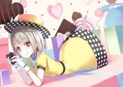 Rule 34 | 1girl, artist name, artist request, bare legs, belt, black belt, black hat, blue bow, blue choker, blue ribbon, blush, bow, bow gloves, box, breasts, brown hair, buttons, candy, chocolate, chocolate heart, choker, collarbone, collared dress, dress, female focus, food, full body, gift, gift box, gloves, grey hair, hat, hat bow, hat ribbon, heart, heart (symbol), highres, holding, holding chocolate, holding food, legs up, light brown hair, lollipop, looking at viewer, love live!, love live! nijigasaki high school idol club, love live! school idol festival, miniskirt, nakasu kasumi, neck ribbon, no shoes, parted lips, pink eyes, plaid, plaid dress, plaid skirt, pleated, pleated dress, pleated skirt, polka dot, polka dot dress, polka dot headwear, polka dot skirt, poppin&#039; up (love live!), puffy short sleeves, puffy sleeves, purple eyes, ribbon, short hair, short sleeves, skirt, small breasts, smile, solo, top hat, white bow, white gloves, white ribbon, wrist bow, yellow dress, yellow hat, yellow skirt