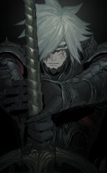 Rule 34 | 1boy, armor, au ra, black background, black gloves, blood, blood on face, breastplate, colored sclera, cuts, dark knight (final fantasy), dragon horns, final fantasy, final fantasy xiv, gloves, glowing, glowing eye, gradient background, greatsword, green eyes, grey hair, grey sclera, hair over one eye, highres, holding, holding sword, holding weapon, horns, injury, looking at viewer, male focus, one eye covered, pauldrons, scales, serious, short hair, shoulder armor, sidurgu orl, simple background, solo, spiked hair, straight-on, sword, upper body, vambraces, weapon, wysswyrst