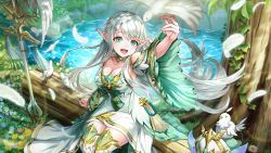 Rule 34 | 1girl, bird, braid, breasts, cleavage, collarbone, elf, feathers, flower, green eyes, hat, unworn hat, unworn headwear, long hair, noa (valkyrie connect), official art, open mouth, pointy ears, sitting, tree, valkyrie connect, water