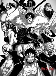 Rule 34 | afro, aged up, animal ears, antlers, artist name, black cape, black hair, brook (one piece), cape, cigarette, closed mouth, cyborg, eyepatch, eyewear on head, facial hair, franky (one piece), horns, horns through headwear, jinbe (one piece), long hair, long nose, low ponytail, monkey d. luffy, monochrome, multiple boys, mustache, nami (one piece), nico robin, one piece, open mouth, ponytail, redi red.cal, reindeer antlers, roronoa zoro, sanji (one piece), scar, sharp teeth, skeleton, skull, smile, straw hat pirates, sunglasses, teeth, tony tony chopper, usopp