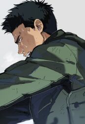 Rule 34 | 1boy, ao isami, black hair, commentary request, from side, green jumpsuit, grey background, heavy breathing, highres, jumpsuit, looking to the side, male focus, open mouth, profile, short hair, simple background, solo, sweat, wahootarou, yuuki bakuhatsu bang bravern