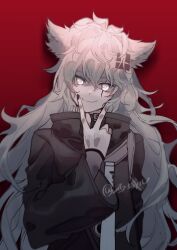 Rule 34 | 1girl, animal ears, arknights, artist name, black jacket, black nails, chinese commentary, closed mouth, collared jacket, commentary request, gloves, glowing, glowing eyes, hair between eyes, hand on own face, high collar, highres, jacket, lappland (arknights), long hair, long sleeves, messy hair, nail polish, neckerchief, red background, scar, scar across eye, shadow, simple background, smile, solo, straight-on, upper body, v, very long hair, white eyes, white gloves, white hair, white neckerchief, wolf ears, xi yuu