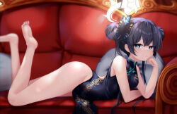 Rule 34 | 1girl, absurdres, bare legs, barefoot, black hair, blue archive, blue eyes, breasts, butterfly hair ornament, china dress, chinese clothes, closed mouth, couch, double bun, dragon print, dress, hair bun, hair ornament, highres, kisaki (blue archive), legs, long hair, looking at viewer, lying, nekodama2000, on couch, on stomach, sleeveless, sleeveless dress, small breasts, soles, solo, thighs, toes, twintails