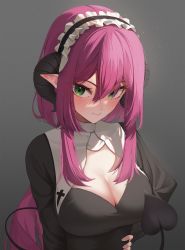 Rule 34 | 1girl, absurdres, black dress, blush, breasts, cleavage, cleavage cutout, closed mouth, clothing cutout, commentary, daimi 94, demon girl, demon horns, demon tail, dress, fang, fang out, green eyes, grey background, hair between eyes, hairband, hand on own hip, highres, horns, large breasts, lolita hairband, long hair, looking at viewer, original, pointy ears, purple hair, simple background, smile, solo, tail, upper body, very long hair, virtual youtuber