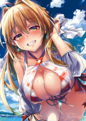 Rule 34 | 1girl, ahoge, bent over, bikini, blonde hair, blush, bow, breasts, cleavage, cloud, day, earrings, fate/grand order, fate (series), gluteal fold, green eyes, grin, hair bow, hair intakes, halterneck, highres, jewelry, large breasts, long hair, looking at viewer, moze, nero claudius (fate), nero claudius (fate) (all), nero claudius (fate/extra), nero claudius (swimsuit caster) (fate), nero claudius (swimsuit caster) (third ascension) (fate), shiron (30750038), sky, smile, solo, striped bikini, striped clothes, sun, swimsuit, thighs, wet, wet clothes