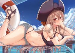 Rule 34 | 1girl, absurdres, ahoge, alternate breast size, anchor earrings, arm support, azur lane, bikini, bikini under clothes, bird, black bikini, blue sky, blush, breasts, cleavage, cloud, commentary, day, denim, denim shorts, earrings, grey hair, gu li, hair between eyes, halterneck, hammock, hand on own cheek, hand on own face, hat, high heels, highleg, highleg bikini, highres, jean bart (azur lane), jean bart (private apres midi) (azur lane), jewelry, large breasts, lifebuoy, long hair, looking at viewer, lounging, lying, micro shorts, navel, necklace, ocean, on side, outdoors, parted lips, pirate hat, red eyes, sandals, seagull, shorts, signature, sky, solo, stomach, swim ring, swimsuit, thighs, thong bikini, water