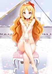Rule 34 | 10s, 1girl, blonde hair, bow, breasts, casual nudity, chair, cleavage, collarbone, commentary request, completely nude, crossed legs, drill hair, eromanga sensei, feet, hair bow, hairband, hands on own knee, highres, instrument, legs, long hair, looking at viewer, nude, nylon (nylon 100%), orange eyes, petals, piano, pointy ears, sitting, small breasts, smile, solo, very long hair, wavy mouth, yamada elf